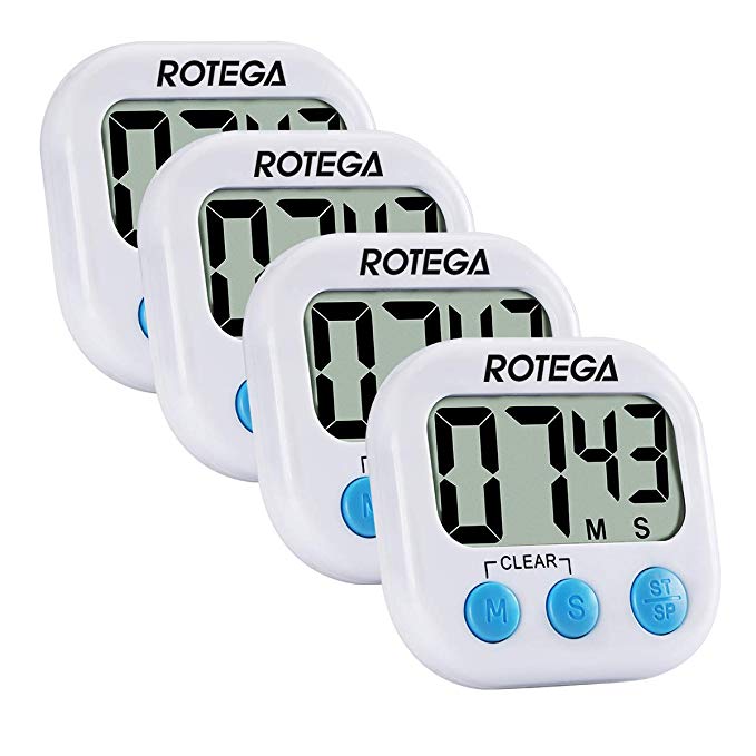 ROTEGA 4 Pack Upgraded Magnetic Digital Kitchen Cooking Timer Large LCD Display,Volume Adjustable,Auto Shutdown,Count-Down Up Clock, White