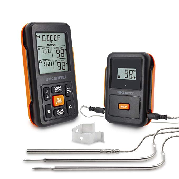 Inkbird IRF-2S 1000 Feet Wireless Remote Digital Meat Cooking Grill Thermometer with Backlight,Timer for Oven Barbecue Smoking Grilling (Two Meat Probes + One Oven Probe, Orange)