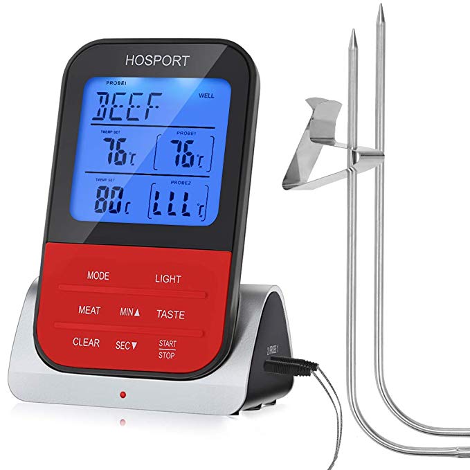 Meat Thermometer Wireless HOSPORT Digital Instant Read Thermometer with Dual Probe Kitchen Food Thermometer and Timer for Grilling Cooking BBQ