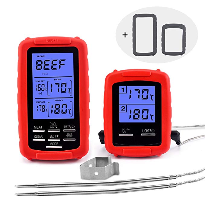 ANVS Meat Thermometer Wireless Remote Digital Cooking Food Oven Thermometer for Safe BBQ, Grilling, Smoker, Kitchen Cooking with Dual Probe and an Extra Set of Silicone Sleeves (Red)