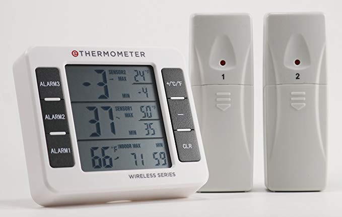 Refrigerator Freezer Thermometer by eTHERMOMETER - Includes 2 Wireless Temperature Sensors and 1 Indoor Digital Display with Built-In Alarm - Batteries Included