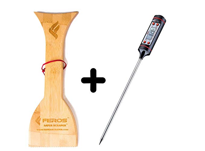 FEROS KIT – (2 items!) FEROS Safer Scraper Wood Grill Grate Cleaner AND Meat Thermometer Digital Cooking Thermometer with Instant Read, LCD Screen - Best for Kitchen, Grill, BBQ, Milk, and Bath Water