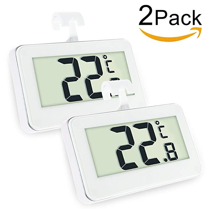 Digital Refrigerator/Freezer Thermometer, AIGUMI Waterproof Freezer Thermometer with Hook - Easy to Read LCD Display - Perfect for fridge (2 Pack)