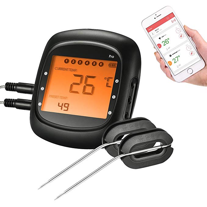 TopElek BBQ Thermometer Instant Read Food Cooking Large Backlit Display, One-Click Bluetooth Connection, 2 Stainless Steel Probes, Digital Meat Grilling, Kitchen, Portable, Black