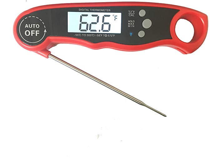 Digital Food Thermometer, Waterproof Meat Thermometer with Foldable Probe and Backlit Function,Instant Read Probe Thermometer for Drink,BBQ,Roasting,Grilling and Camping（Red