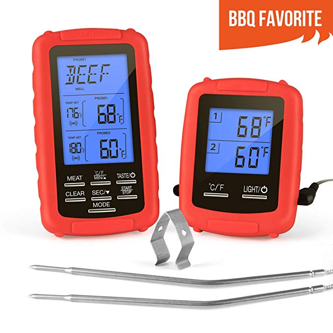 Digital Meat Thermometer Wireless Remote Cooking Food BBQ Grill Thermometer for BBQ Grilling/Kitchen Cooking/Smoker/Oven, Instant Read BBQ Thermometer with Dual Probe, 230 Feet Range, Alarm & Flash