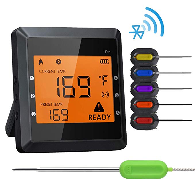 Digital Bluetooth Meat Thermometer for iPhone - 6 Long Probes, Smart Instant Read, Phone App Wifi Remote, Battery Powered, Easy for Cooking Food, BBQ Grilling, Wireless Leave in Oven Safe and Smoker