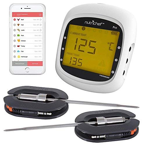 Smart Bluetooth BBQ Grill Thermometer - Upgraded Stainless Dual Probes Safe to Leave in Outdoor Barbecue Meat Smoker - Wireless Remote Alert iOS Android Phone WiFi App - NutriChef PWIRBBQ80