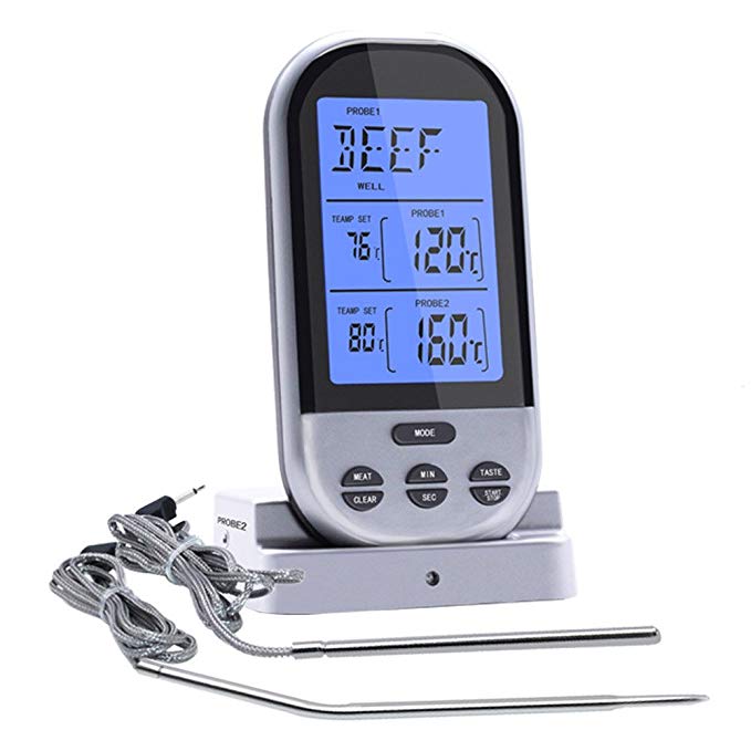 Digital Meat Thermometer, Lychee BBQ Thermometer, Wireless Kitchen Baking Cooking Oven Digital Thermometer with 2 Instant High-Temperature Resistant Read Probe, Smart Alarm, Timer Function (Sliver)