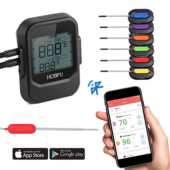 Bluetooth Meat Thermometer Smart Wireless Digital BBQ Thermometer with 6 Probes Free APP Alarm Instant Read LCD for Kitchen Cooking Turkey Smoker Oven Grilling